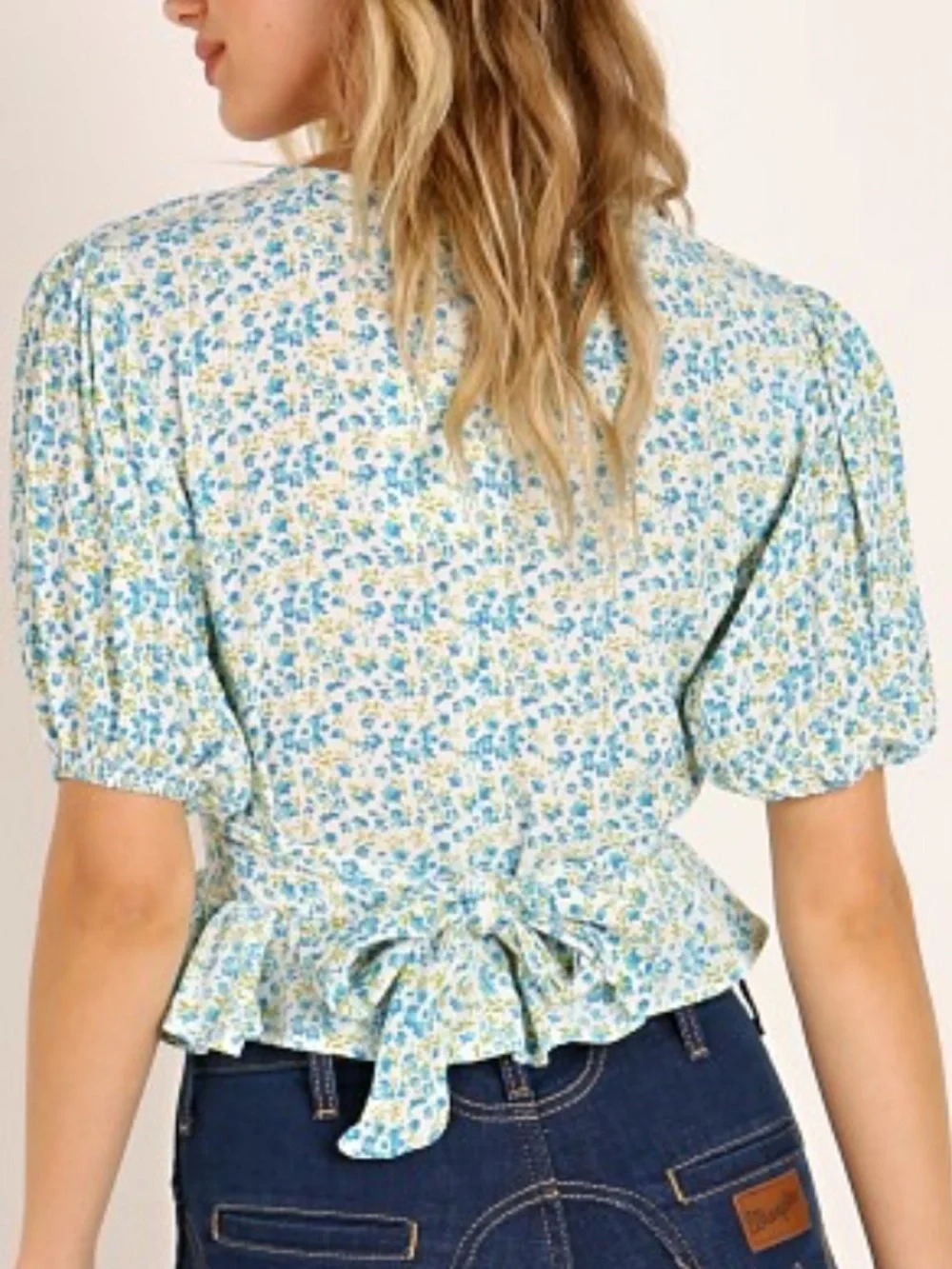 Faithfull the Brand Mona Blue and White Floral V-Neck Peplum Blouse